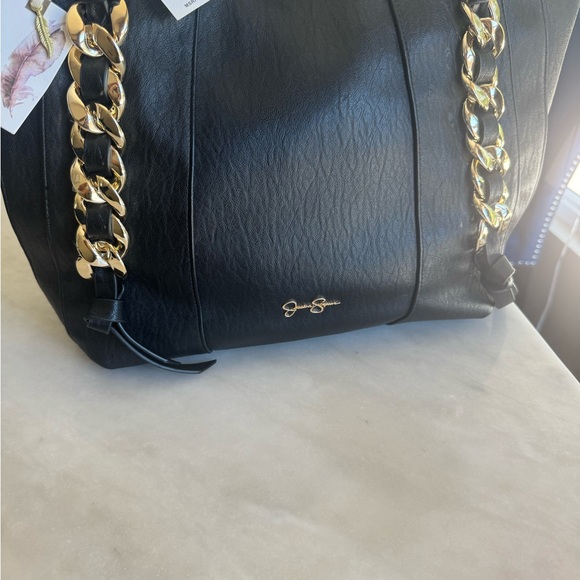 Black faux Leather Tote Bag with Gold Chain by Jessica Simpson - Picture 5 of 9